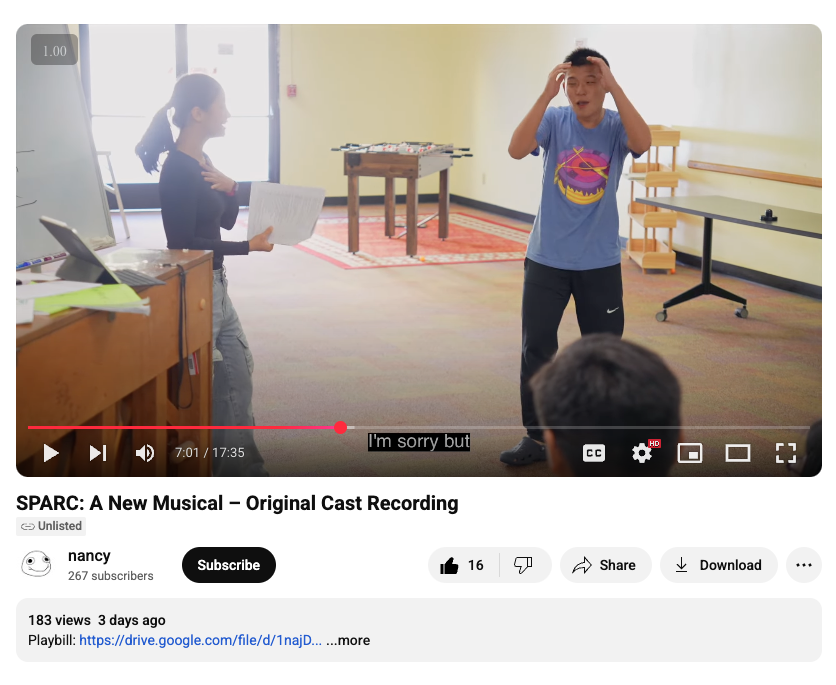 Nancy's SPARC, a new musical - checkout https://youtu.be/QVEWwjKOZ-k?feature=shared